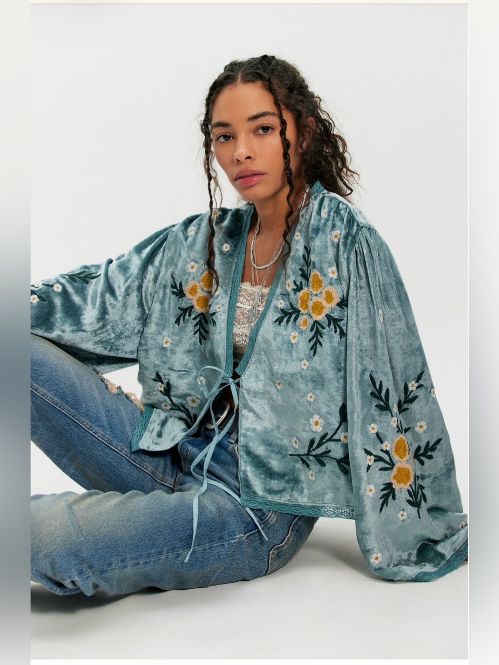 Free People Denim & Bone Embroidered Floral Tie-Front Jacket - NWT 💕
